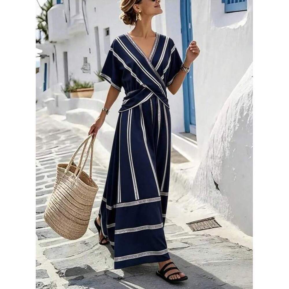 Holidaya Navy Blue And White Striped Maxi Dress,V-Neck Short-Sleeved - Picture 1 of 5